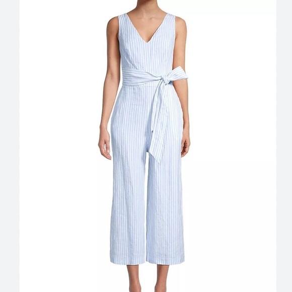 Saks Fifth Avenue Blue Striped Linen Jumpsuit Size Small - Picture 6 of 6